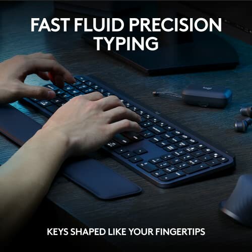 Hands typing on an ergonomic keyboard with the text 'Fast Fluid Precision Typing', perfect for remote workers and office professionals