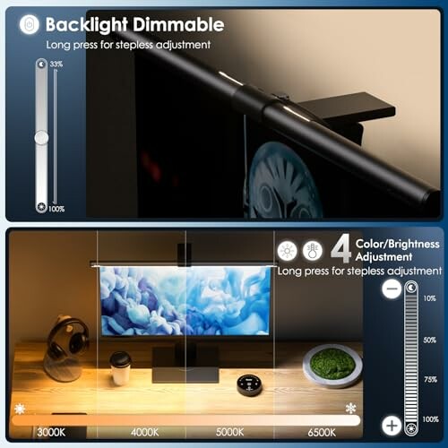 Monitor light bar with dimmable and color adjustment features.