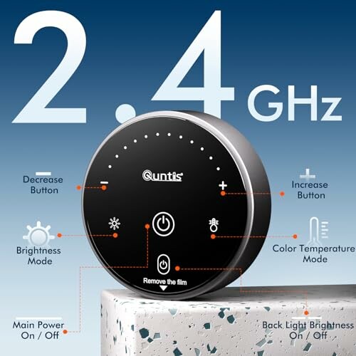 Wireless touch control dial with 2.4 GHz label and various function buttons.